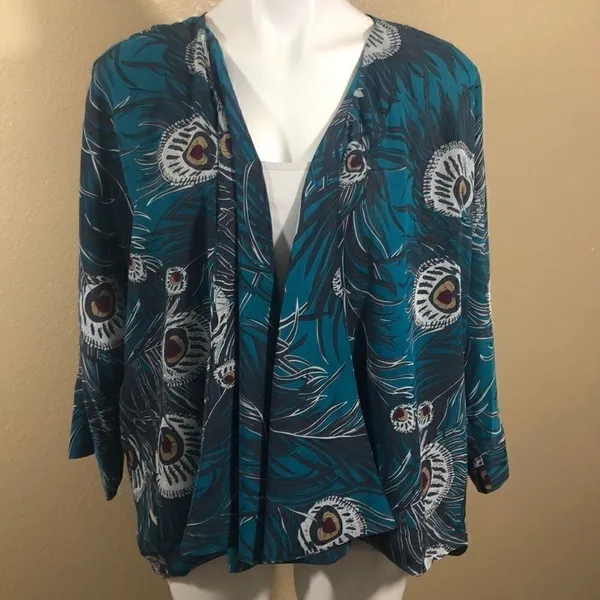 NY Collection Teal peacock feather print cardigan - Image 3