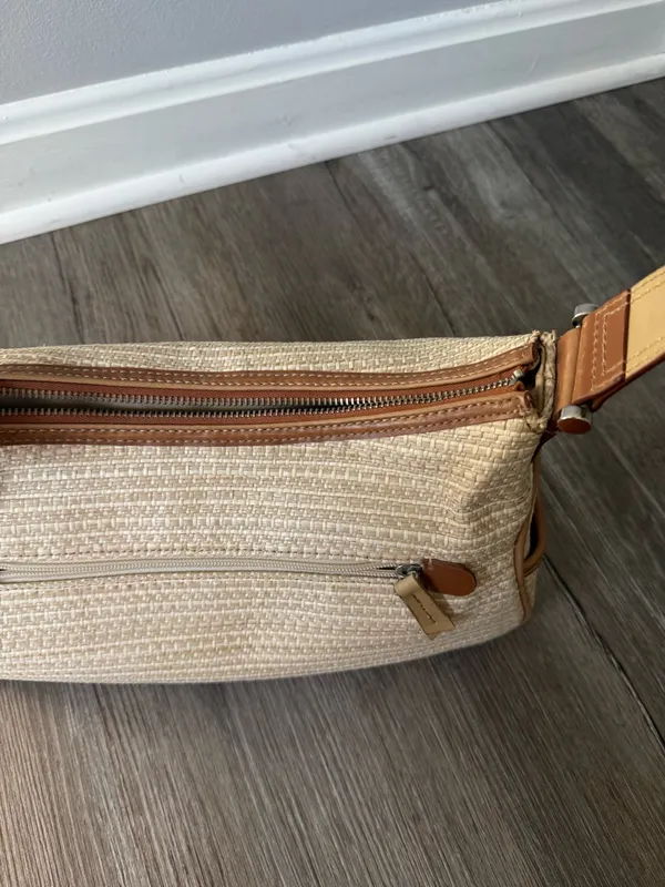 VTG Liz Claiborne Woven Beige Tan Straw Shoulder Bag Brown Trim Grandma Core S M - Image 4
