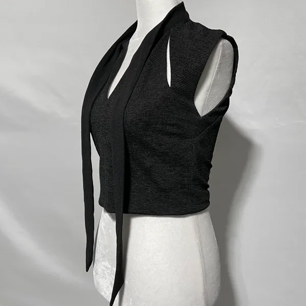 Zara Slit Front Cap Sleeve Cropped Tie Neck Top Black Size Small 5410/234/800 - Image 11