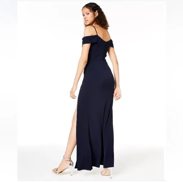 CITY STUDIO NWT Juniors Navy Plunge Off Shoulder Sleeve Size 3 Formal Dress Gown - Image 4