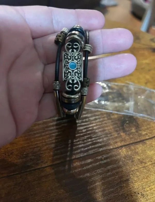Vintage Multilayer Black Leather Bracelet Silver Accents and Turquoise Stone - Image 7
