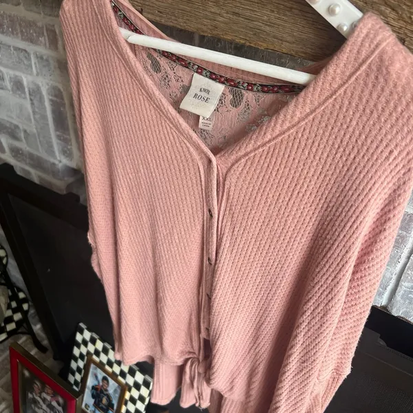 Knox Rose XXL Waffle‎ Knit Button Front Tie V-neck Top T-short Boho - Image 2