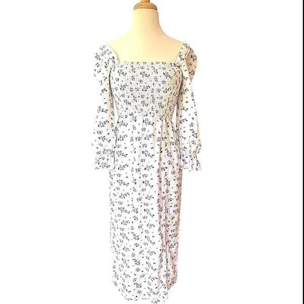House of Harlow Linen Smocked Bodice Square Neck Floral Cottage Coquette Soft XS - Image 3