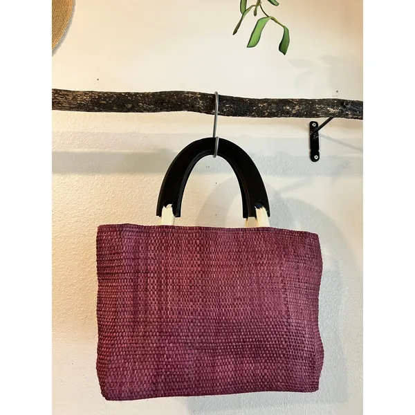 Purple Sisal Natural Fiber Wooden Handle Medium Top Handle Top Bag NEW - Image 2