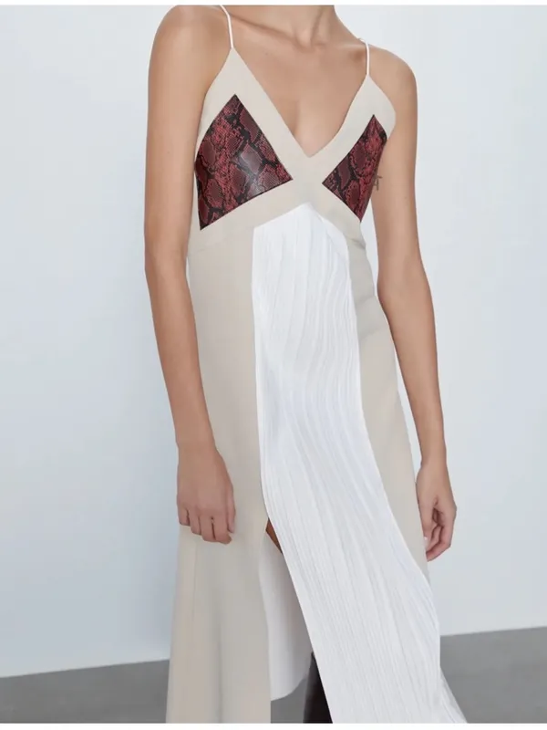 NWOT Zara Beige Cream Snakeskin Pleated Midi Dress Size M • Spaghetti Strap Side - Image 3