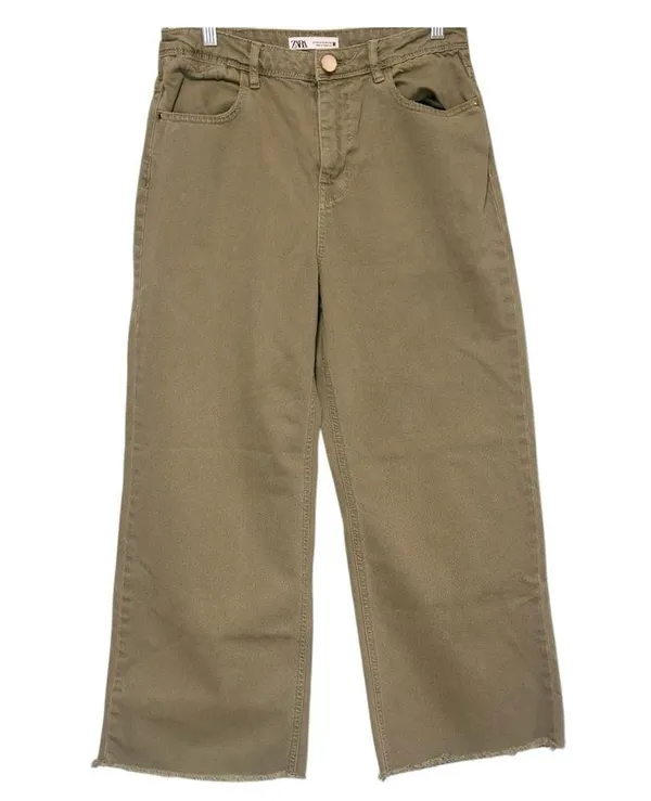 ZARA High-Waisted Wide-Leg Jeans – Olive Green with Raw Hem - Image 3