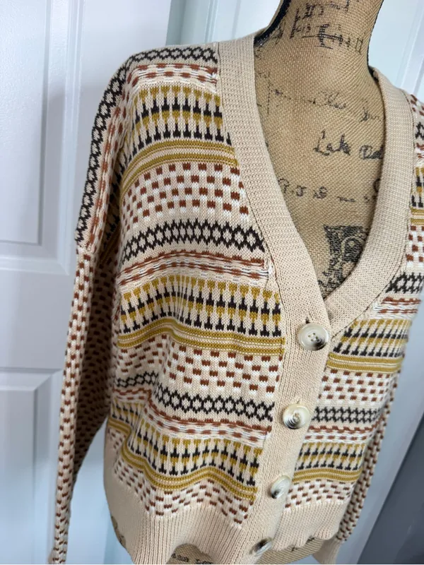 Blue Blush Sz M Fair Isle Geometric Button Front Cardigan 100% Cotton NWOT - Image 4