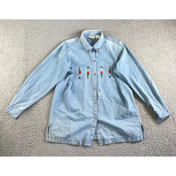 220 Hickory‎ Denim Button Up Shirt Women M Embroidered Feather Western Chore Vtg - Image 2