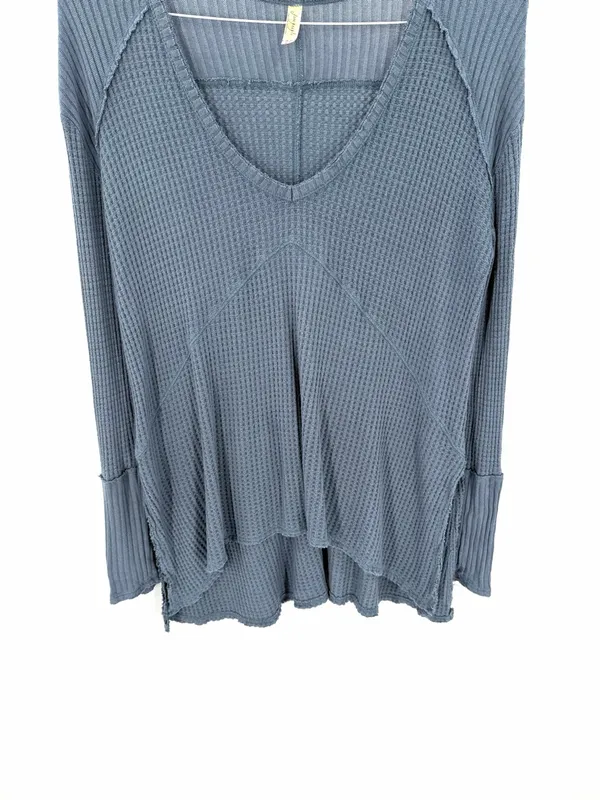 Free People Blue Gray Sunset Park Drippy Thermal Waffle Knit Oversized Shirt Top - Image 5