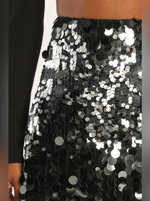 Lulus Iconic Shimmer Silver Sequin High-Waisted Mini Skirt Size XL - Image 4