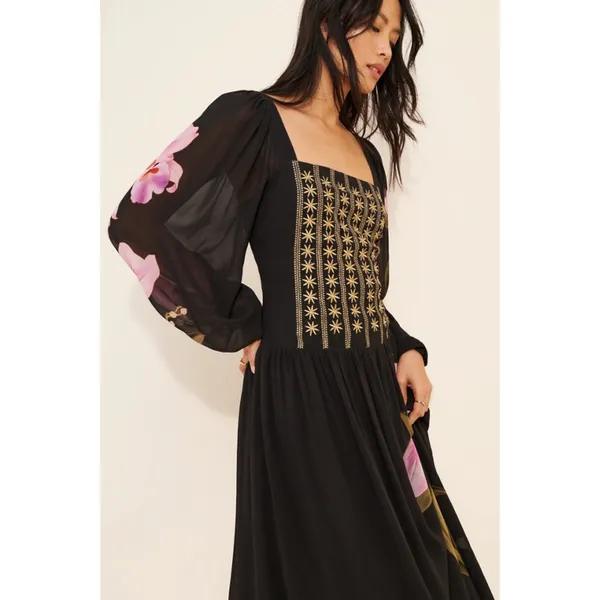 FARM Rio Embroidered Goddess Orchid Floral Long Sleeve Midi Dress Black Small - Image 2