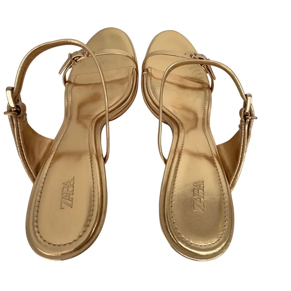 ZARA Metallic Gold Strap Stiletto Heels Sandals 3.1" 9 EUC - Image 6