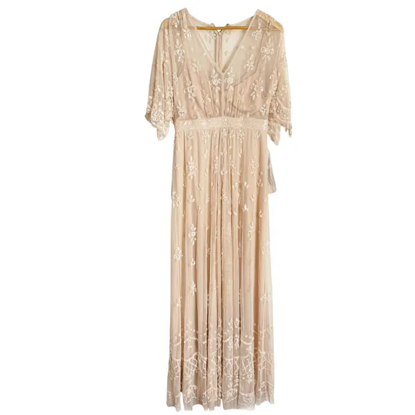 Mac Duggal Blush Pink V Neck Flounce Sleeve Embellished Mesh Gown Size 8 - Image 4