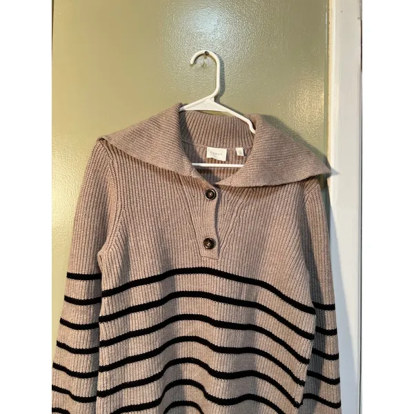 Cyrus Women's Sz Medium Sweater Oversized Collar Tan Black Stripes Henley Button - Image 4