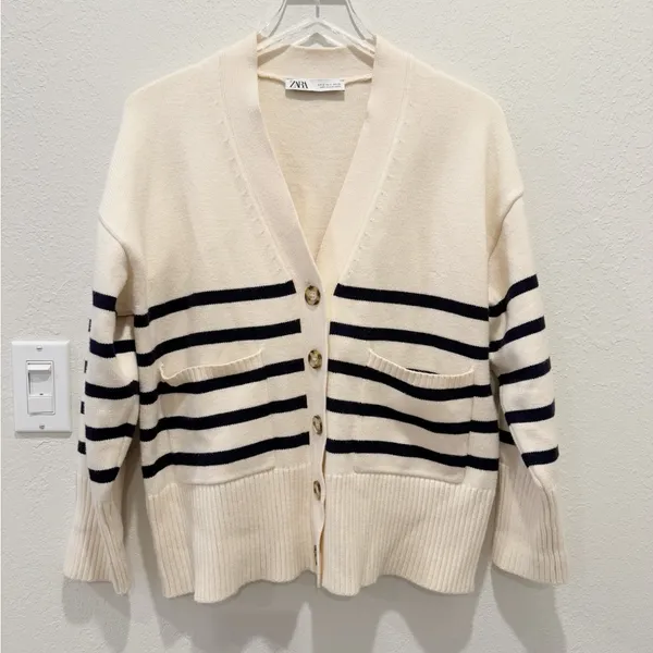 ZARA Stripe Cardigan Sweater in Ivory and Black‎ Stripes button front - Image 2