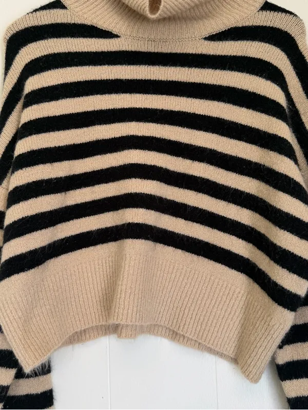 CARLY JEAN LOS ANGELES Turtleneck Sweater Black Tan Stripe Medium - Image 2