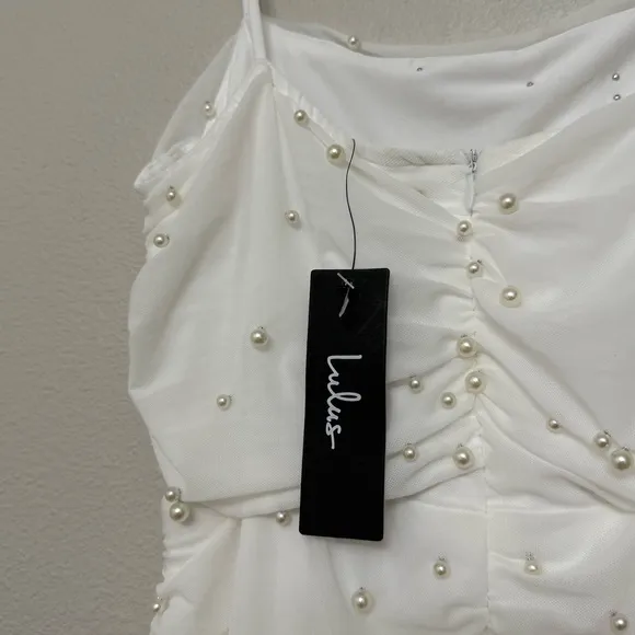NEW Lulus Toast to Romance White Ruched Pearl Bodycon Midi Dress Sz LARGE - Image 12