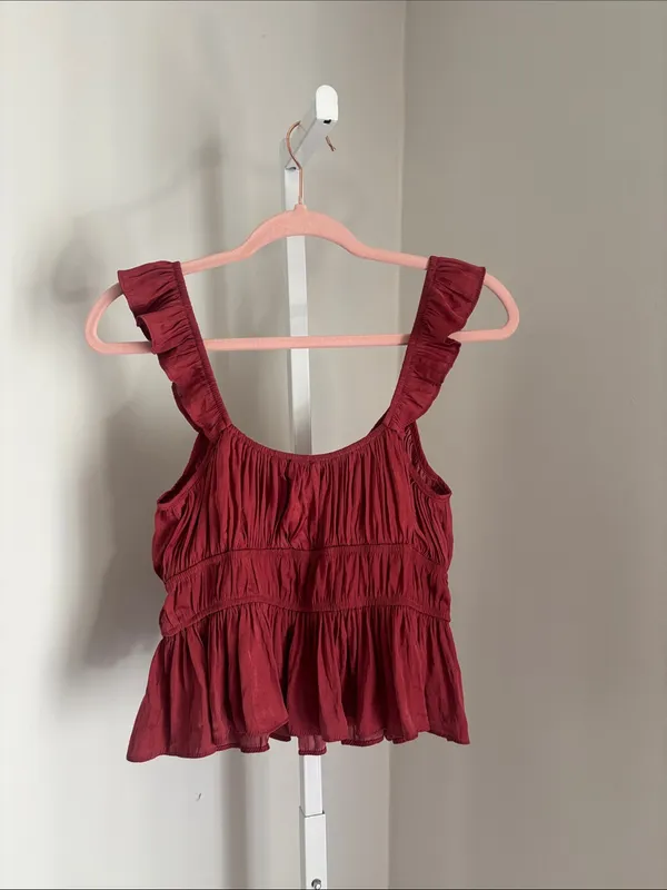 Lulu’s Burgundy Ruffle Peplum Crop Top Women’s Size Large Boho Tank Flowy Silky - Image 3