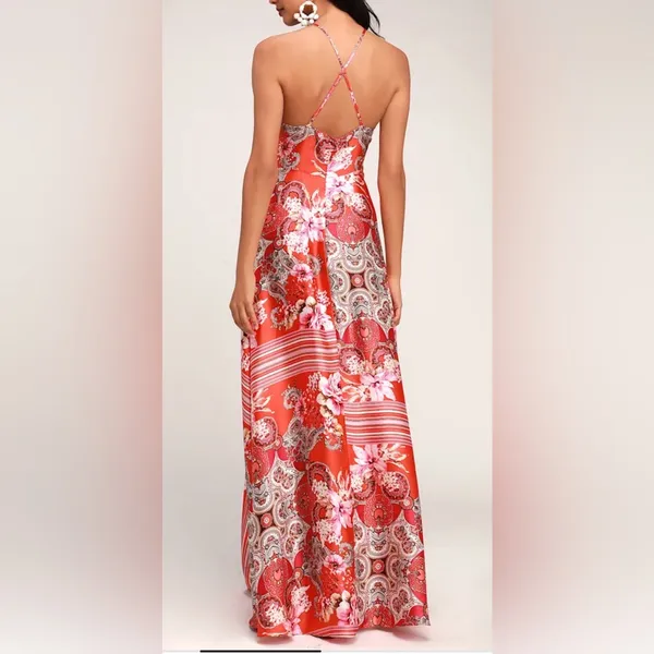 NWT Lulus Whirlwind Red Multi Scarf Print Satin Maxi Dress Size Small‎ - Image 2