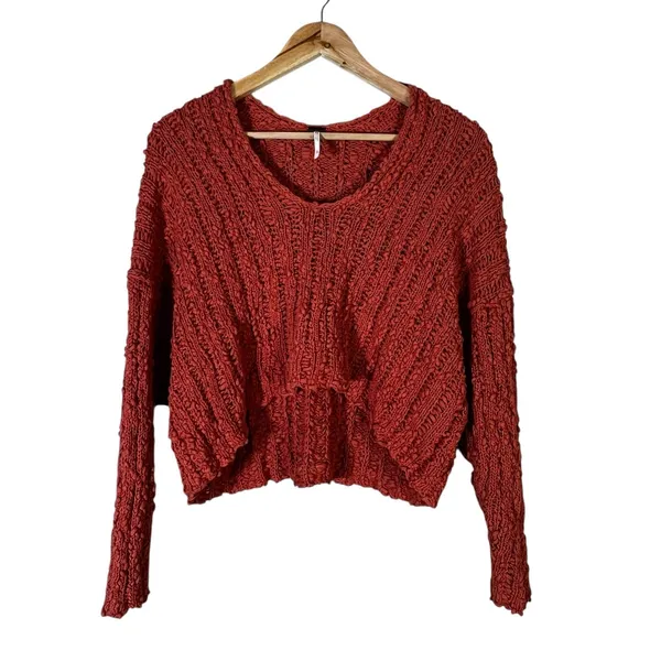 Free People High Low Open Knit V-Neck Sweater Rust Orange Boho Cropped Size M - Image 2