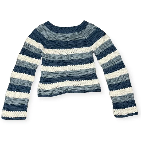 Blue White Stripes Crochet Y2K Handmade Sweater Fall Winter - Image 5