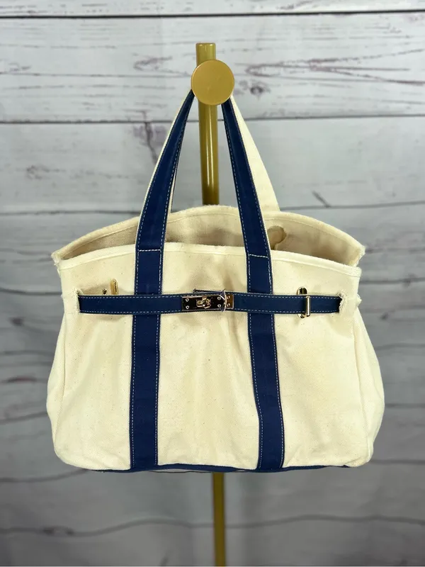 Designer Inspired Ivory & Navy Canvas Satchel Tote Bag Gold Hardware - Image 2