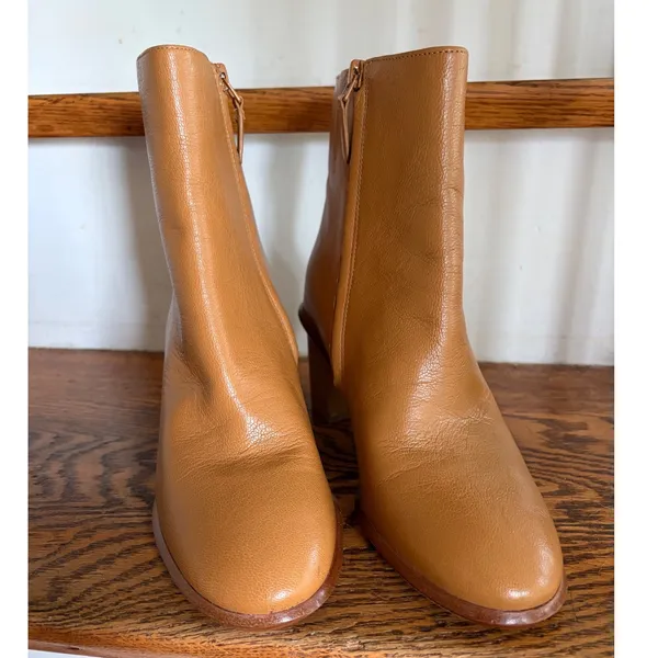 Tory Burch Brooke Tan‎ Leather Ankle Boots Logo Block Heel Size 6.5M - Image 4