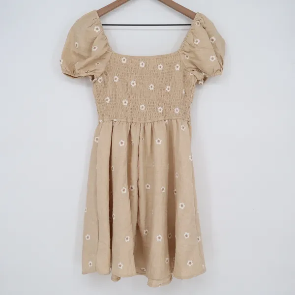 MINE Tan Floral Daisy Smocked Puff Sleeve Mini Dress Small - Image 5