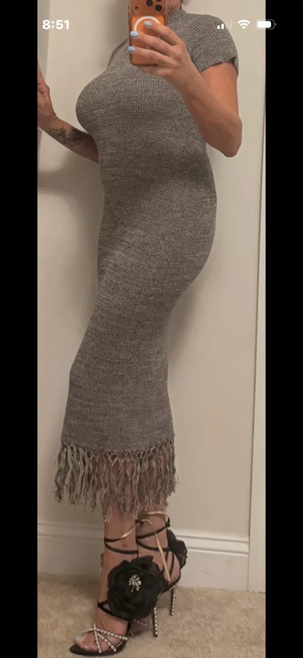 Heather gray marled fringe hem knit dress from the boutique brand Klesis - Image 3