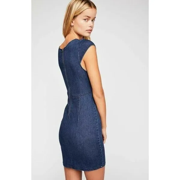 Free People Denim Jean Lia Split Neck Cap Sleeve Stretch Mini Bodycon Dress XS - Image 10