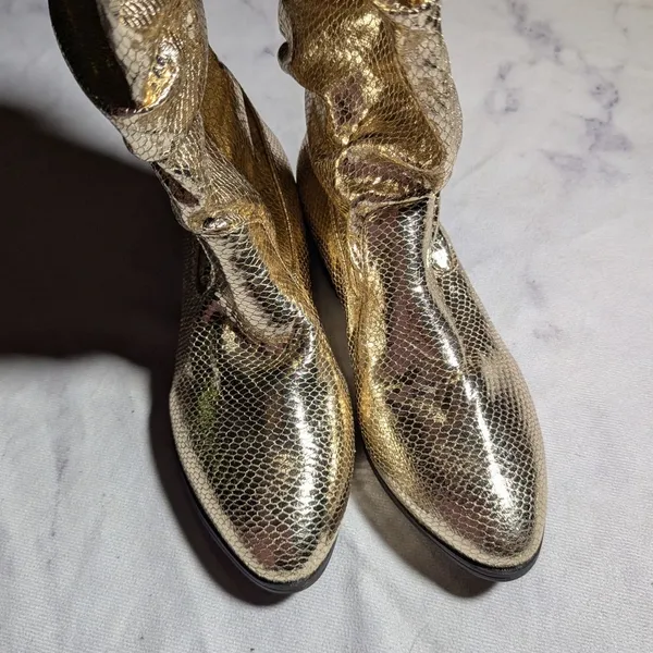 Gold Metallic Snakeskin Textured Faux Leather Knee High Scrunch Boots 36 5.5 - Image 2