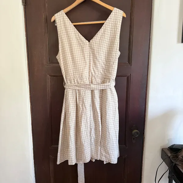 DONNA KARAN New York Tan Gingham LInen Faux Wrap Dress V Neck Size 14 - Image 4