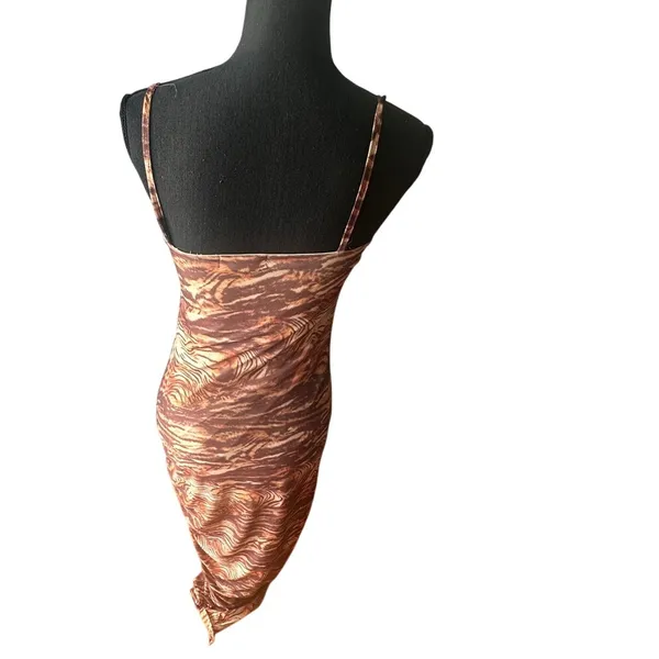 Y2K PrettyLittleThing Brown Zebra Mesh Ruched Maxi Dress Size 4 Bodycon - Image 6
