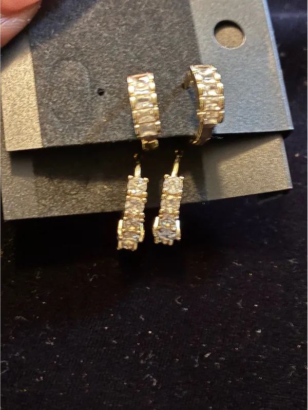 Gold tone CZ Huggie Hoops | Baguette + Round Crystals - Image 2