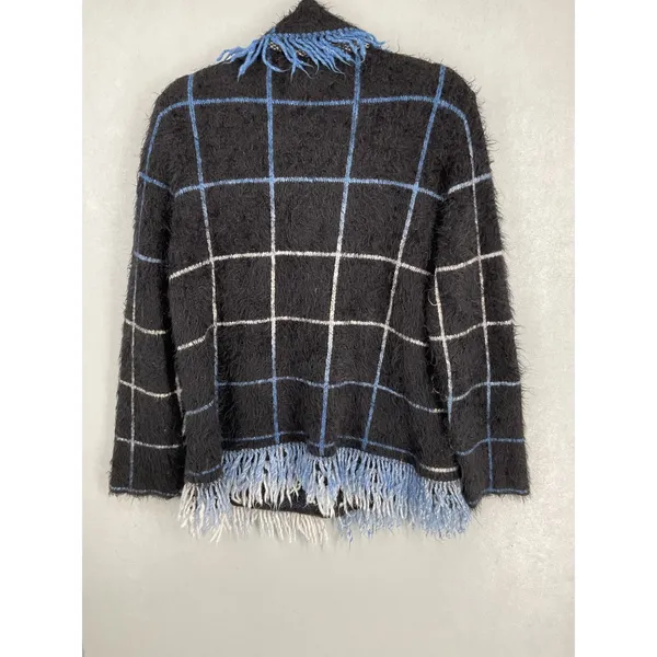 Arette Womens Cardigan Fuzzy Grid Plaid Fringe Zip Up Black Blue Large - Image 3