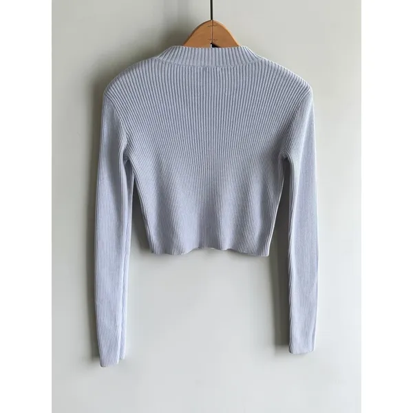 John Galt Light Blue Ribbed Mock Neck Cropped Sweater Long Sleeve‎ One Size - Image 2