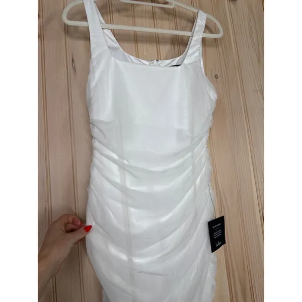 NWT Lulus V.I.P. Treatment White Mesh Ruched Bodycon Midi Dress Party Sexy Sz M - Image 4