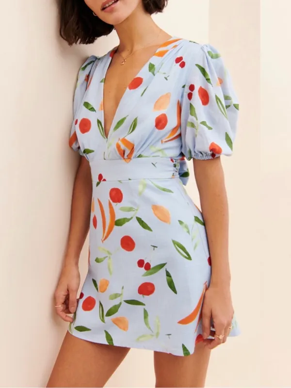 Finders Keepers Calypso Light Blue Fruit Print Puff Sleeve Mini Dress XS - Image 3
