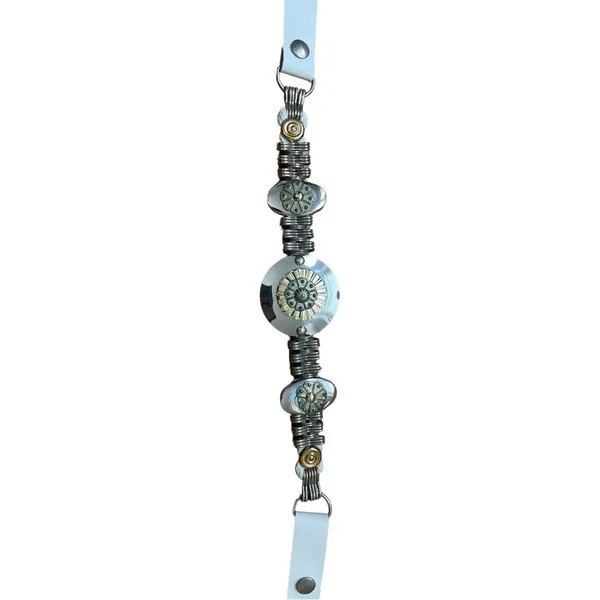 Vintage Boho Statement Belt White Leather Silver Mixed Metal Medallion - Image 2