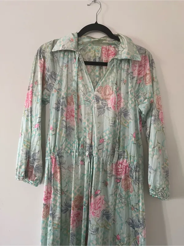 Floral Mint Green Pink Satin Maxi Dress Medium Spa Resort Lounge Caftan Beach - Image 2