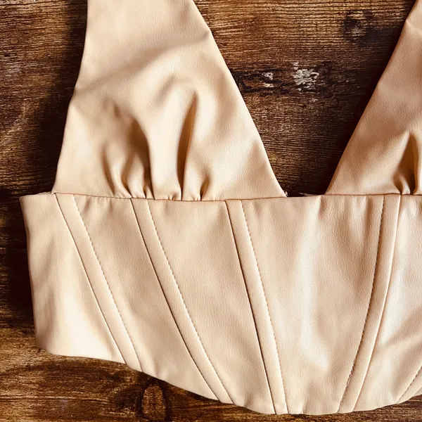 ZARA Tan Faux Leather V Neck Cropped Corset Top - Image 6