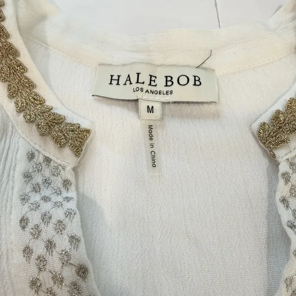Hale Bob White Gold Embroidered Boho V Neck Tiered Gauze Taliah Dress MEDIUM - Image 16