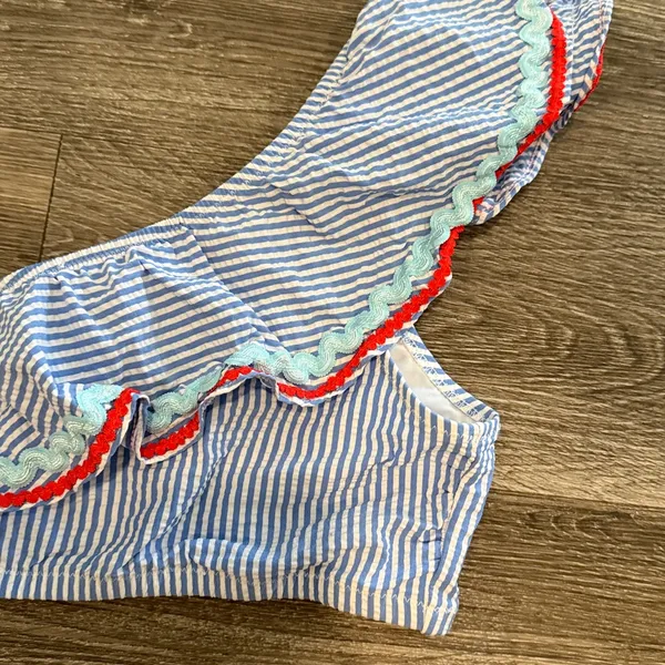 J. Crew seersucker one shoulder ruffle bikini set high waisted blue white Medium - Image 4