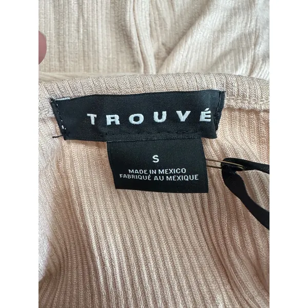 Trouvé Womens Ribbed Knit Bodysuit Long Sleeve‎ Off Shoulder Beige Size S - Image 4