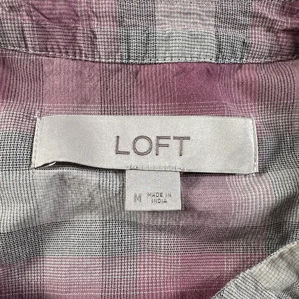 LOFT Women’s Medium Plaid Smocked Peasant Blouse Pink Gray Button Front - Image 10