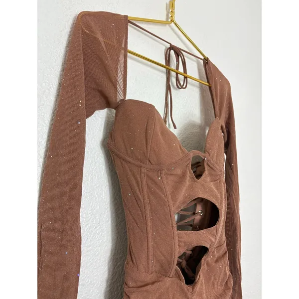 NWT Outcast Aubrey Long Sleeve Mini Dress Tan Corset Festival Sexy Size Small - Image 8