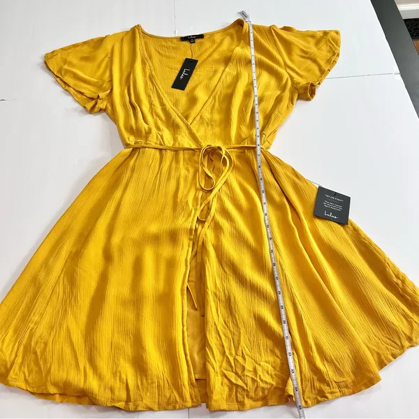 NWT Lulus Harbor Point Mustard Yellow Flutter-Sleeve‎ Mini Wrap Dress MEDIUM - Image 8