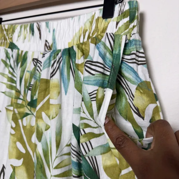 Sigrid Olsen Women‎ Linen Pants Large White Green Tropical Palm Leaf Wide Leg - Image 5