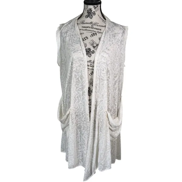 White Lace Sz M Sleeveless Swim Cover Up Vest Open Front Duster Pockets - Image 2