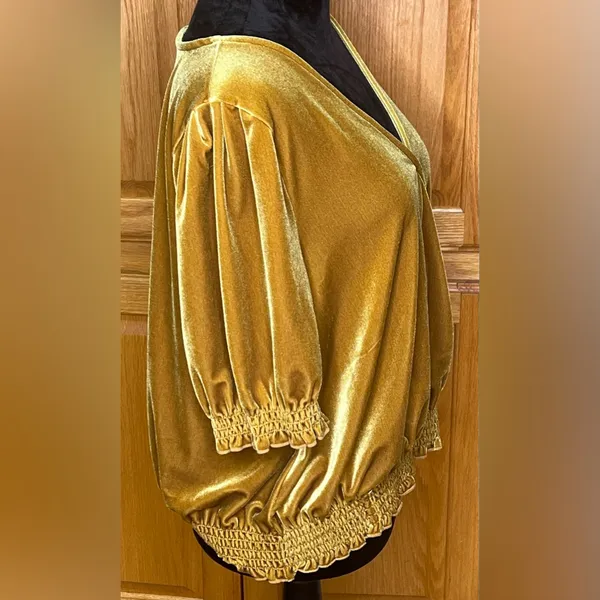 Madewell Velvet Smocked Crossover Wrap-Style Top Blouse in‎ Antique Gold Size XL - Image 9